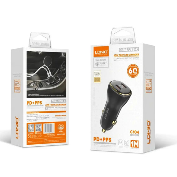 LDNIO C104 60w Dual PD Port Super Fast Charging Car Charger- Type-C Cable       LDNIO C104 60w Dual PD Port Super Fast Charging Car Charger- Type-C Cable
