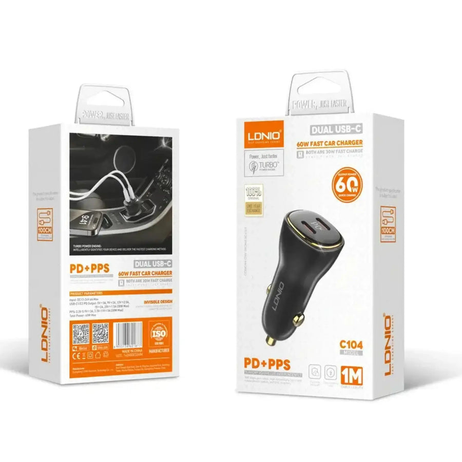 LDNIO C104 60w Dual PD Port Super Fast Charging Car Charger- Type-C Cable       LDNIO C104 60w Dual PD Port Super Fast Charging Car Charger- Type-C Cable